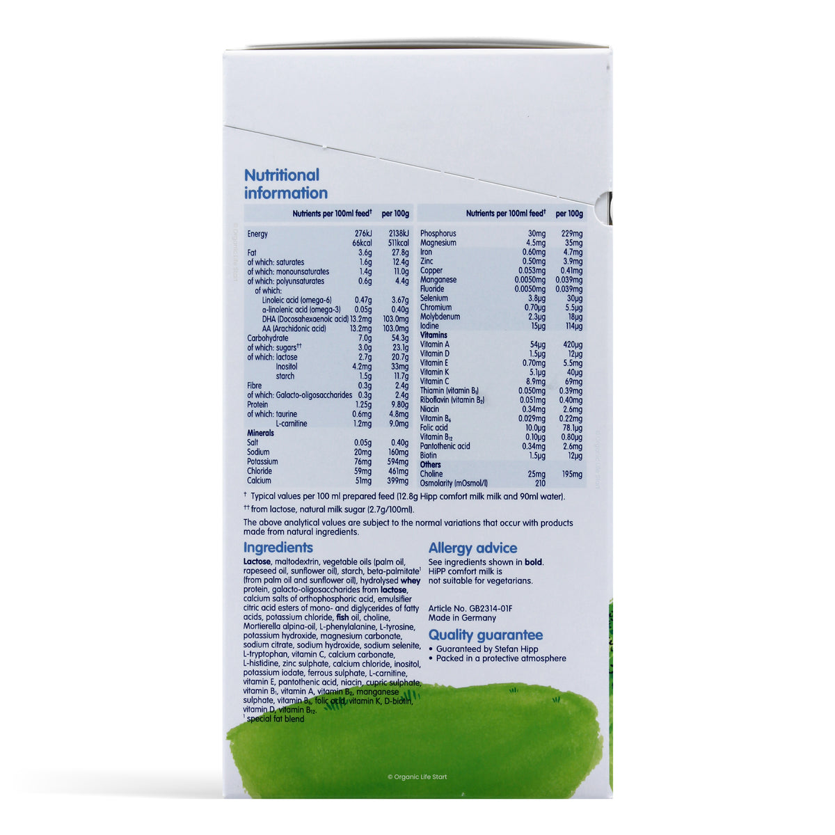 HiPP UK Comfort  Ingredients Nutritional Information