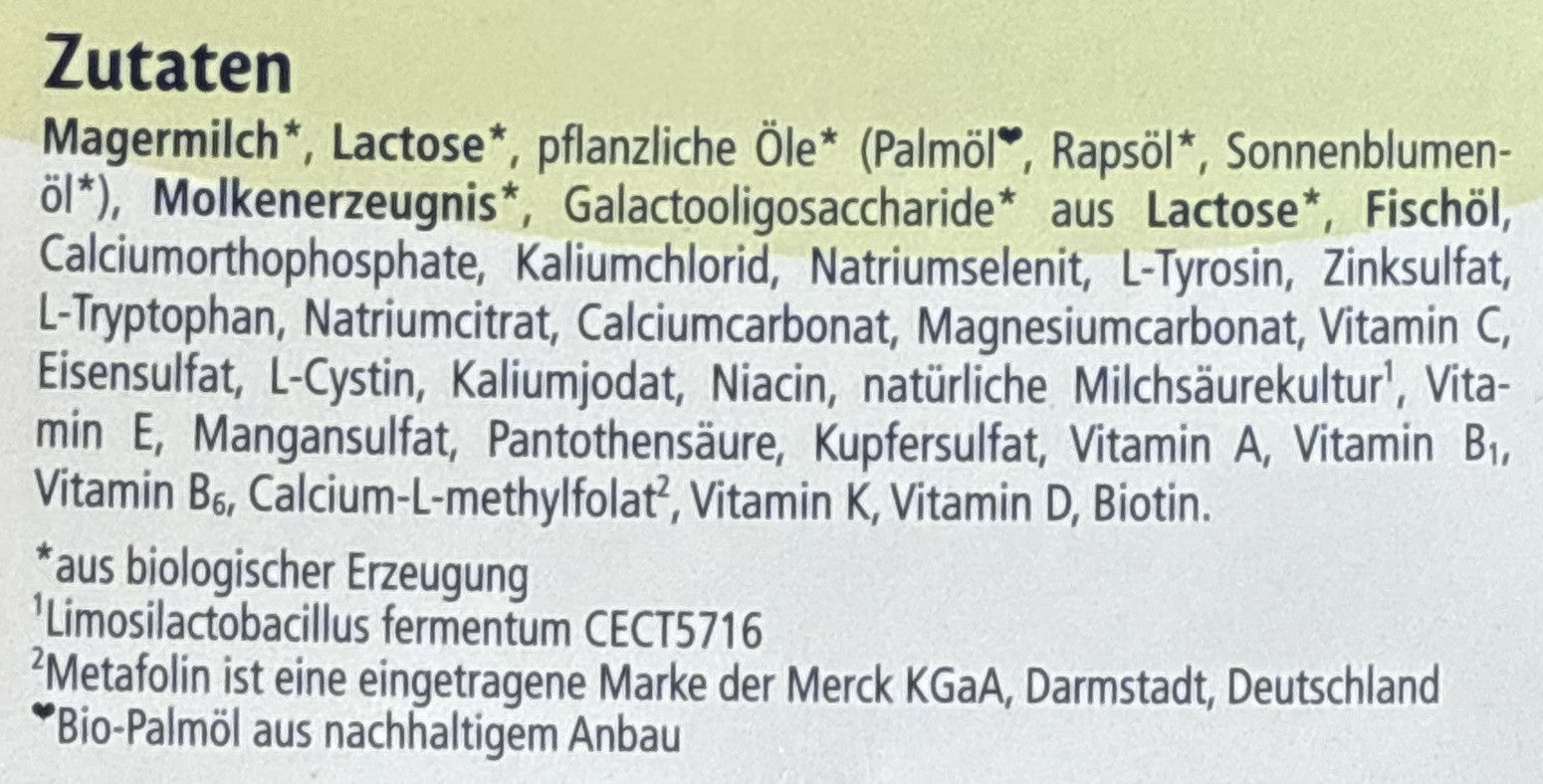 HiPP Stage 2 German Starch-Free Formula ingredients