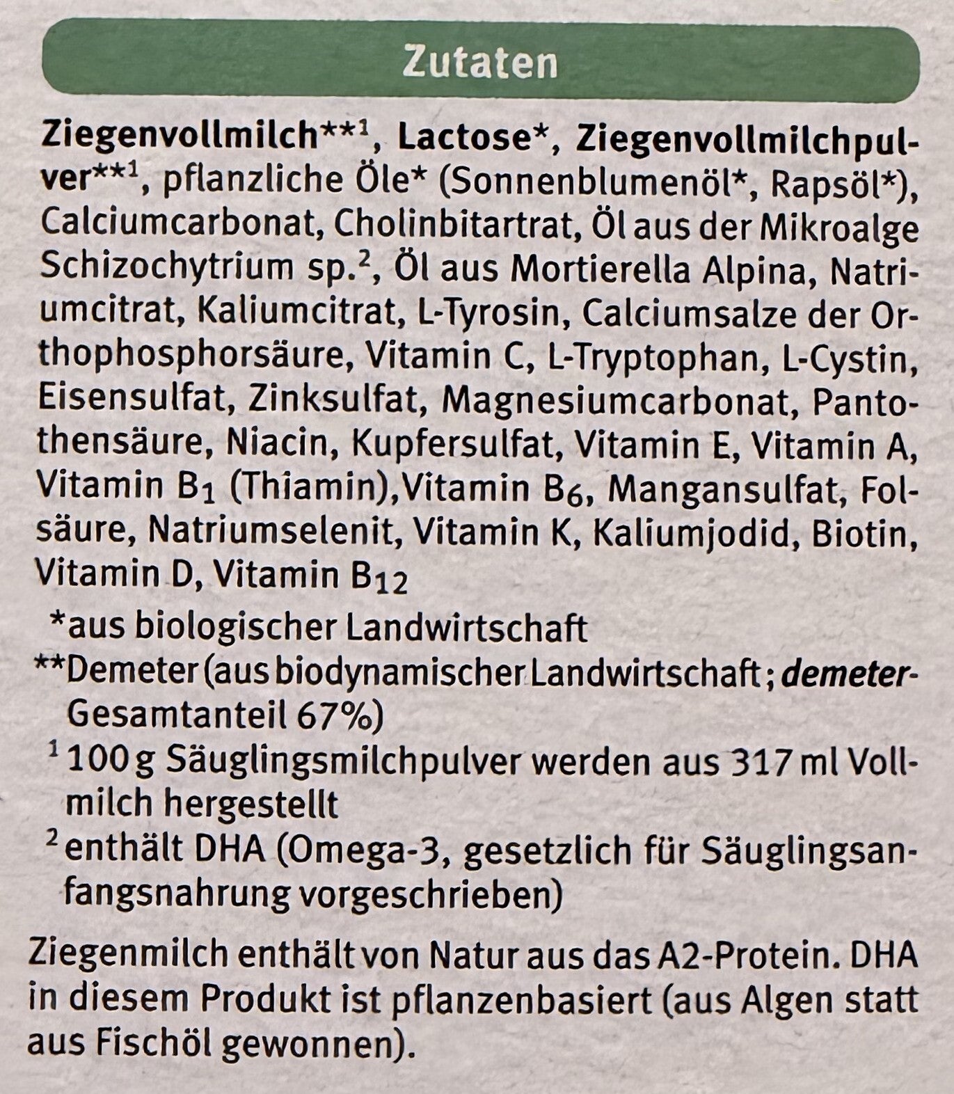 Holle Goat Stage 1 Formula ingredients