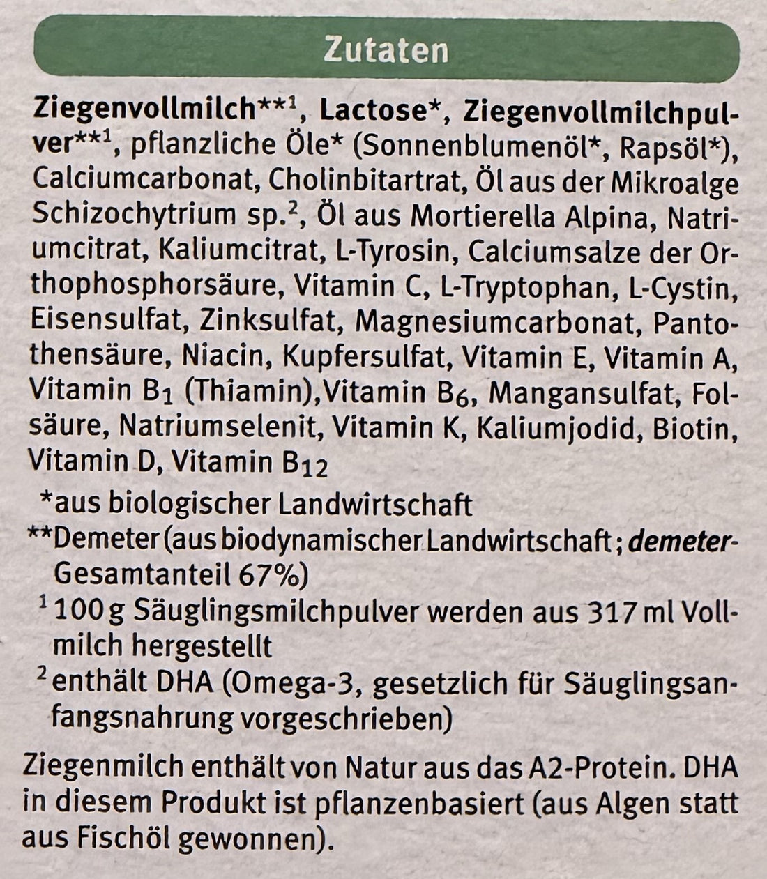 Holle Goat Stage 1 Formula ingredients