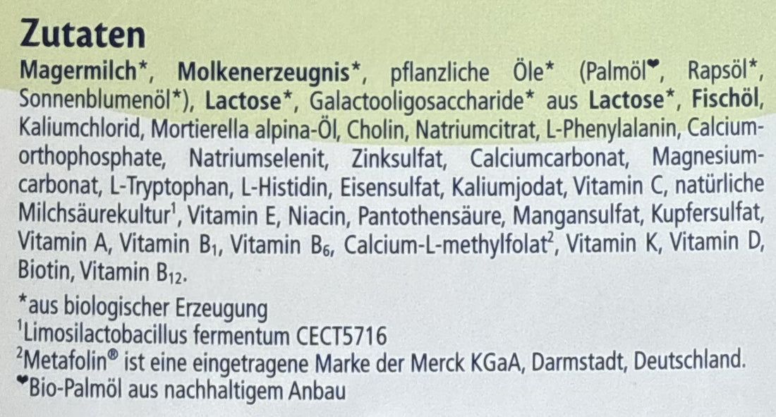 HiPP Stage PRE German Formula ingredients