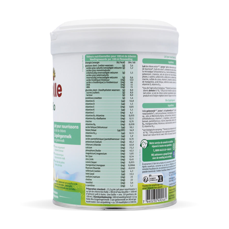 Holle Goat Dutch Stage 4 Toddler Milk Formula tin back view with nutrition label