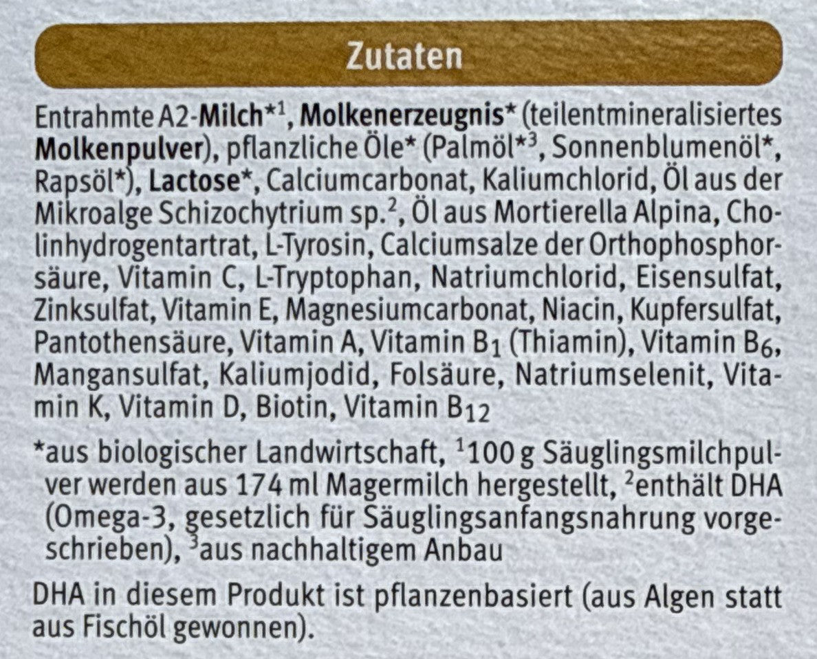 Holle A2 Stage 1 Formula ingredients