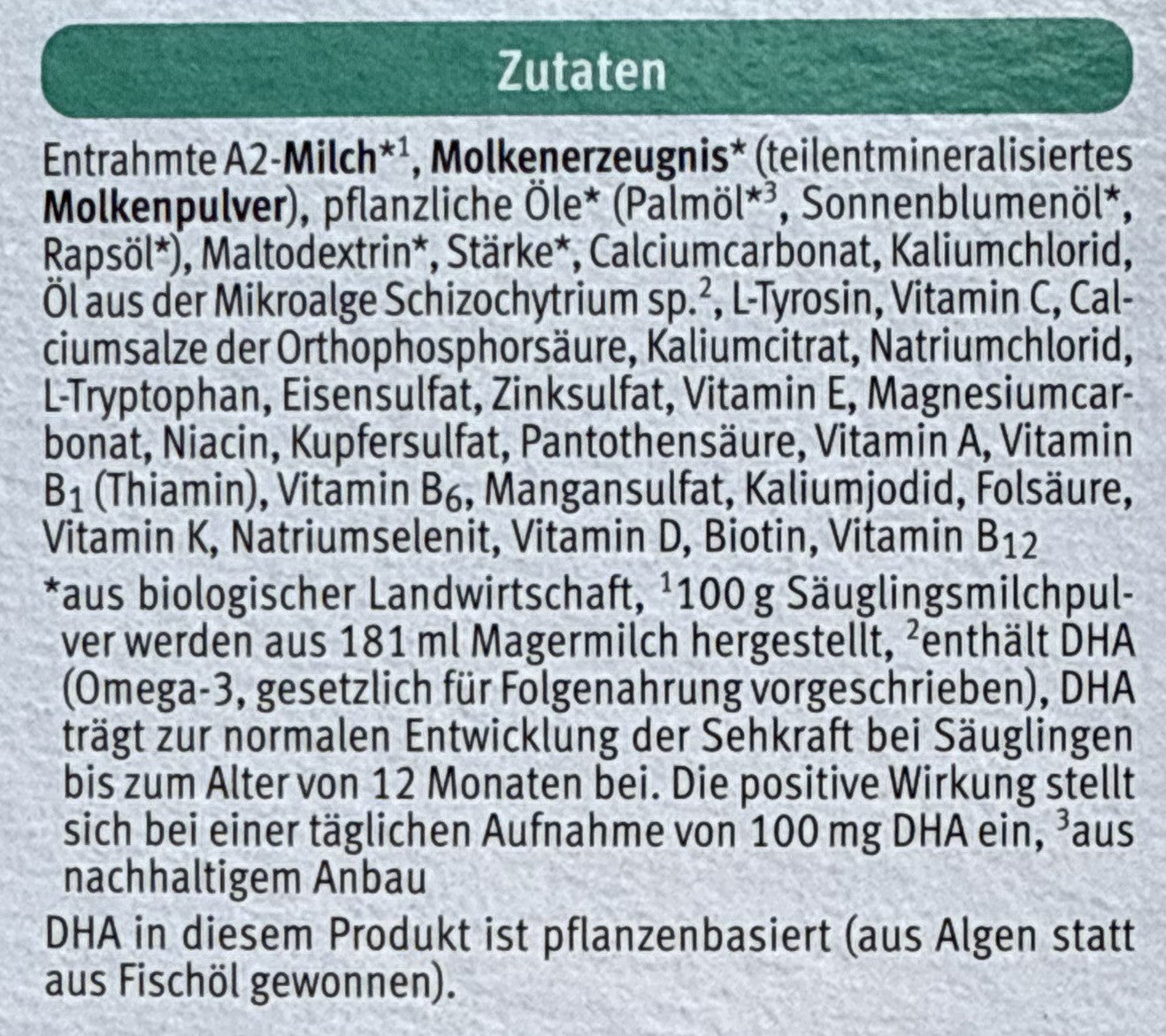 Holle A2 Stage 2 Formula ingredients