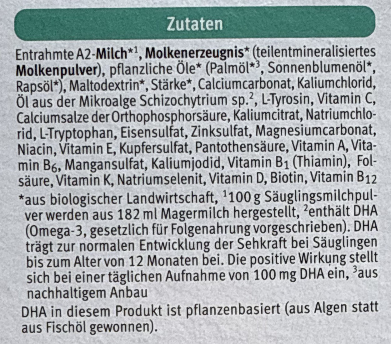 Holle A2 Stage 3 Formula ingredients