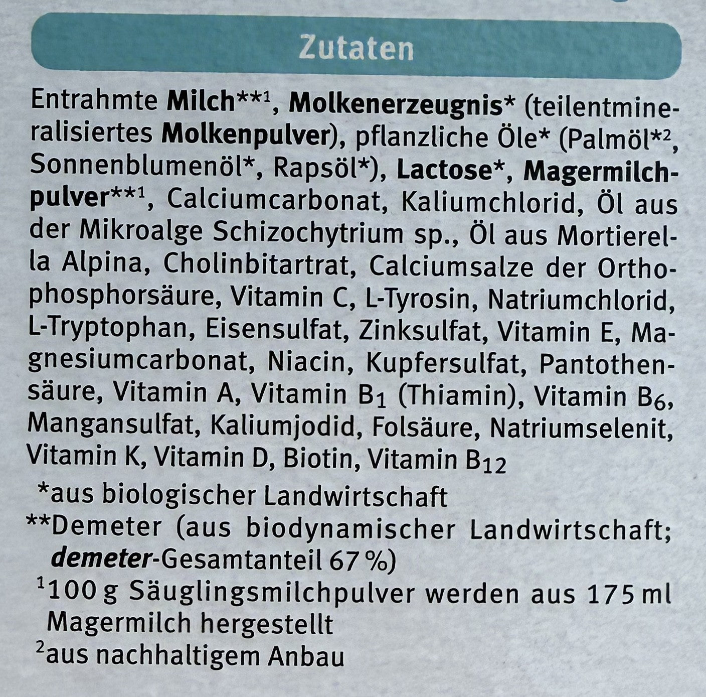 Holle Bio Stage PRE Formula ingredients