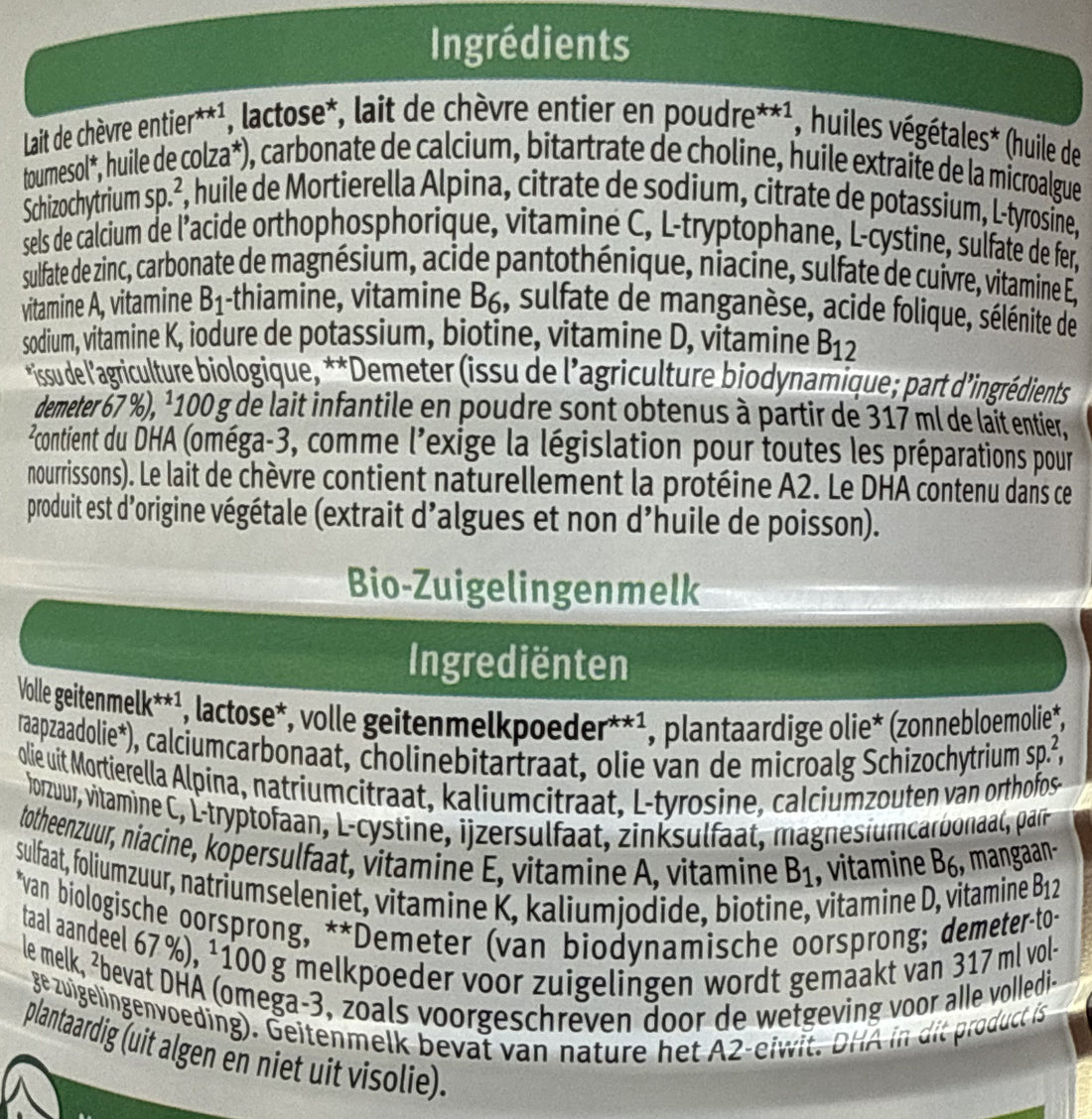 Holle Goat Stage 1 Dutch Formula ingredients