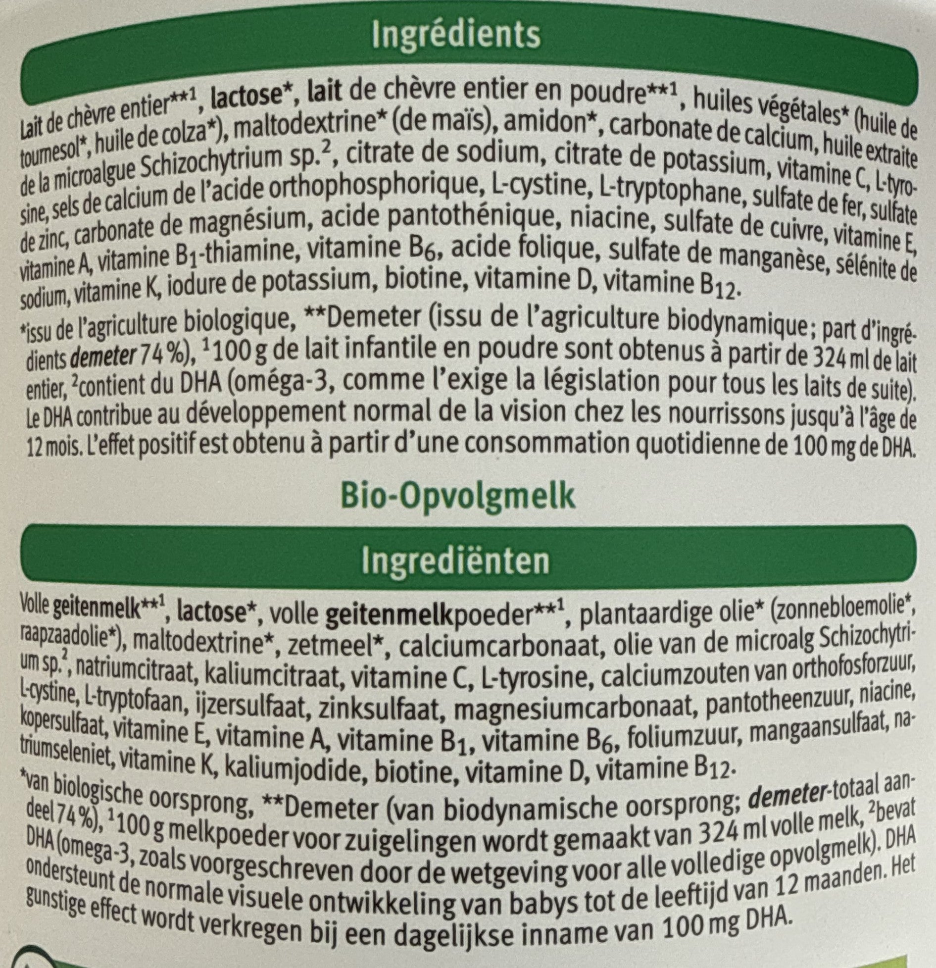 Holle Goat Stage 2 Dutch Formula ingredients