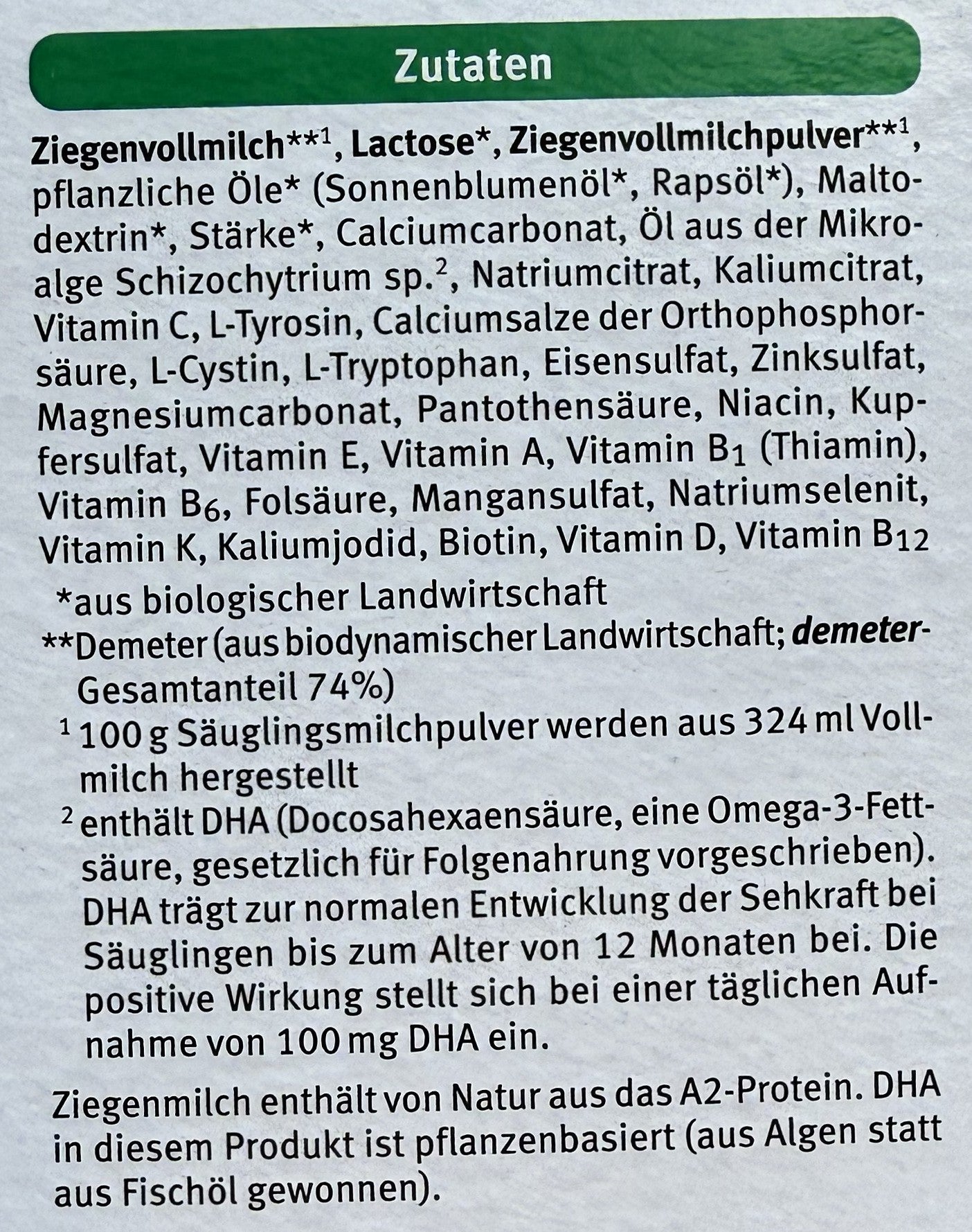 Holle Goat Stage 2 Formula ingredients