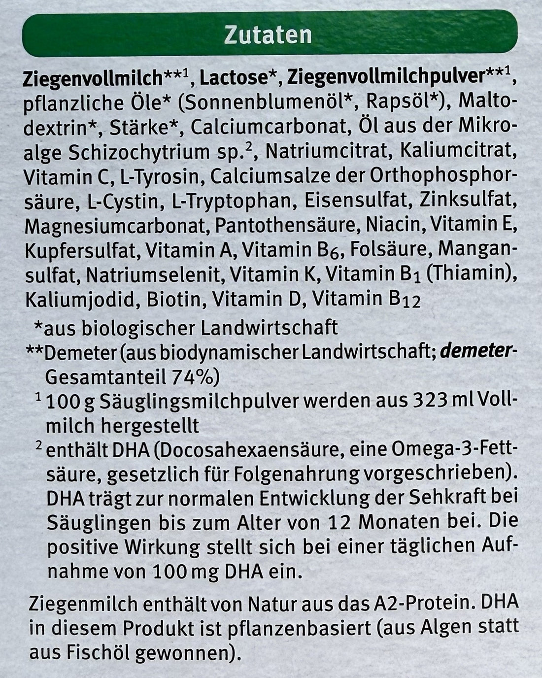 Holle Goat Stage 3 Formula ingredients