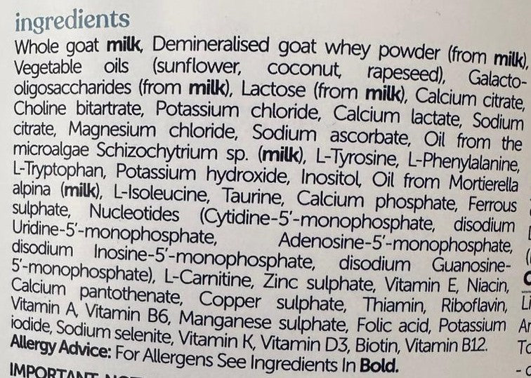 Kendamil Goat Stage 2 Formula ingredients