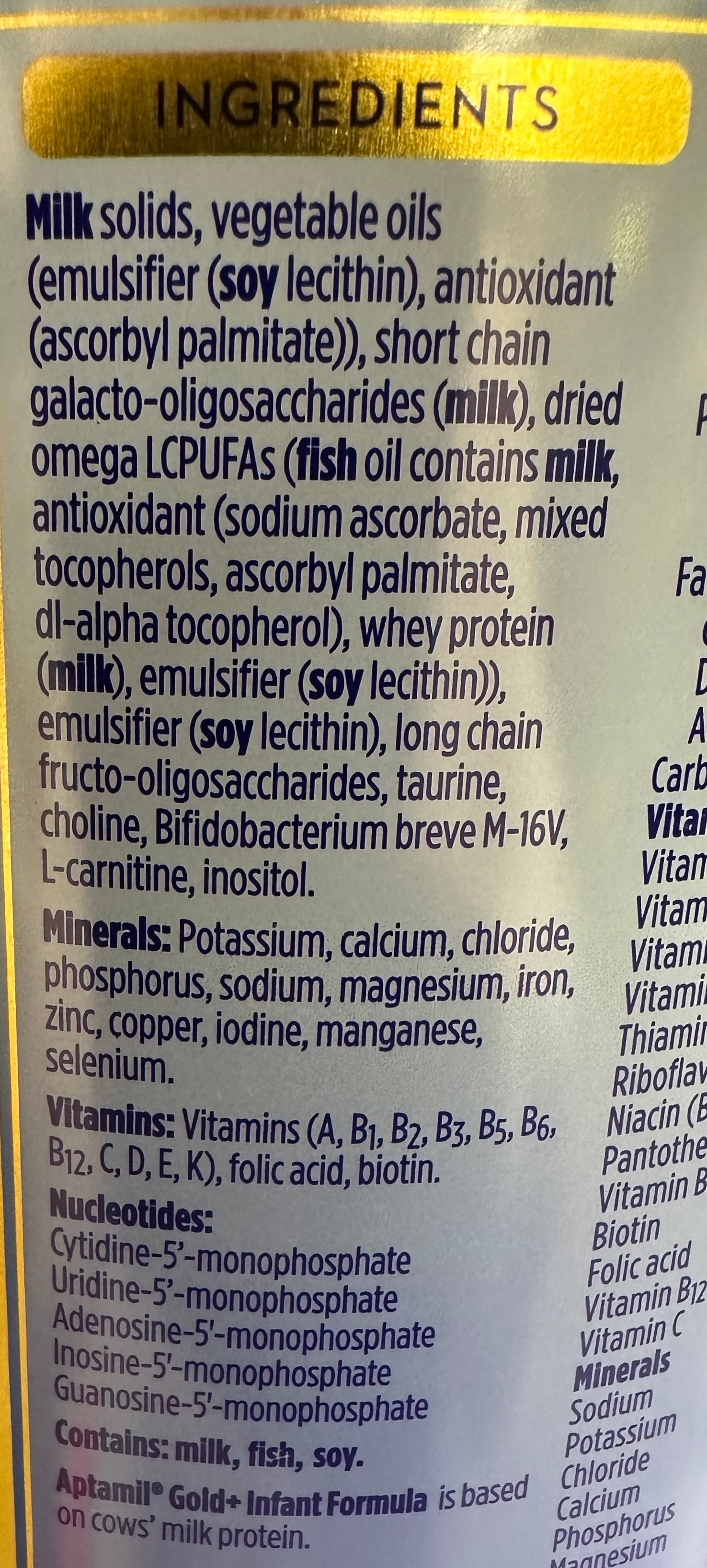 Aptamil Gold+ Stage 1 ingredients