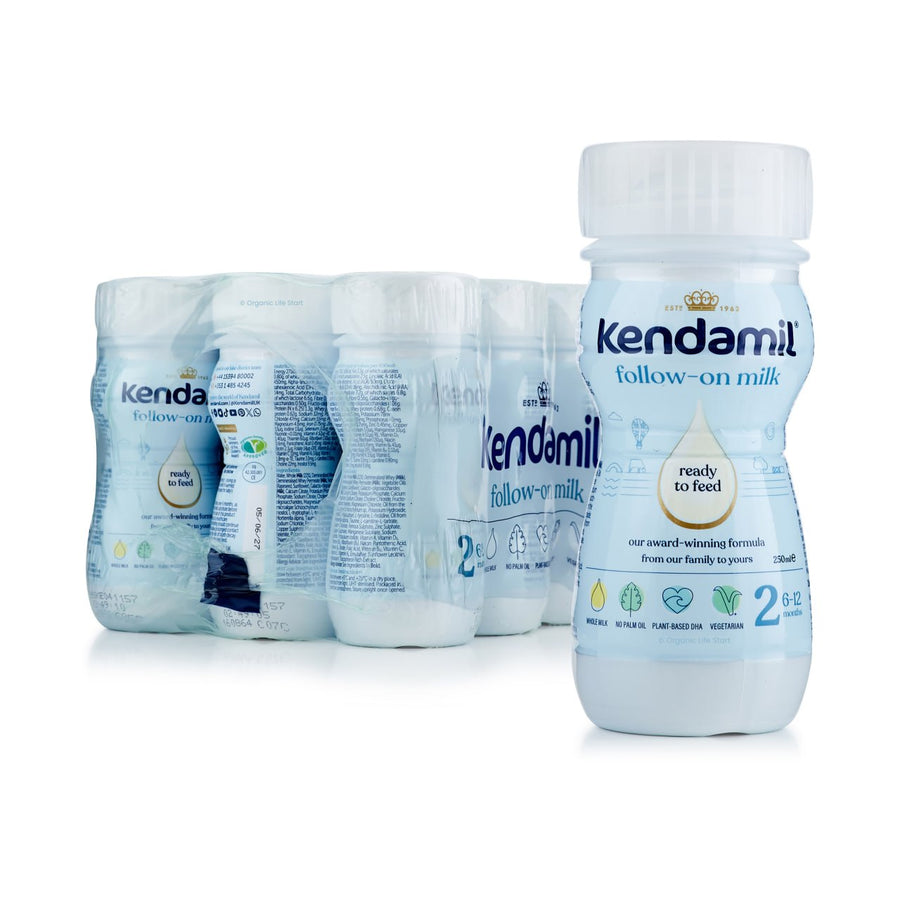 Kendamil Classic Ready to Feed Stage 2: 250ml bottle in front of a shrink-wrapped case